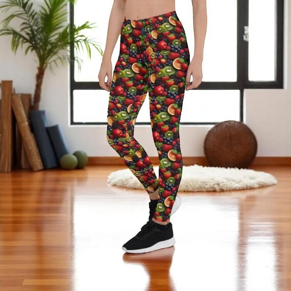Tropical Fruit Print Leggings for Women, Colorful Yoga Pants, High