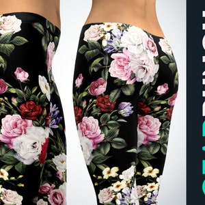 Vibrant Roses Leggings, Colorful Floral Printed Leggings for Women, Plus Size Gym Exercise Leggings, Yoga Pants Tights for Women