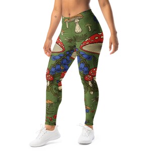 Mushroom Leggings for Women, Witchy Foraging Patterned High Waisted Yoga Pants, Boho Activewear Gift