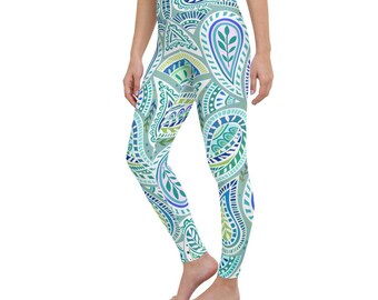 Patterned Yoga Pants - Blue Green Paisley High Waisted Leggings for Women, Workout, Plus Size