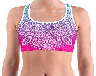 Mandala Sports Bra: Blue Pink Gradient Yoga Workout Top for Women, High Impact Support