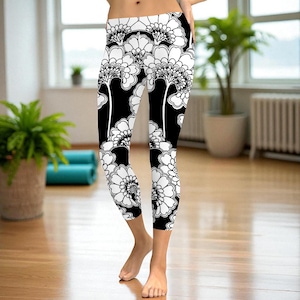Japanese Floral Capris, Artistic Yoga Capris With Delicate Blossom Motifs, Stretchy And Breathable Fabric, Ideal Gift For Workouts,