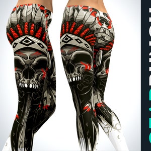 Native Chief Skull Leggings for Women, Halloween Outfit Gothic Clothing, Printed Gym Exercise Workout Plus Size High Waist Tiktok Leggings