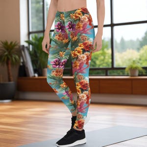 Colorful Floral Print Leggings for Women, Tropical Flower Yoga Pants, Seamless Pattern, Festival Clothing, High Waist Tights, Summer Vibes
