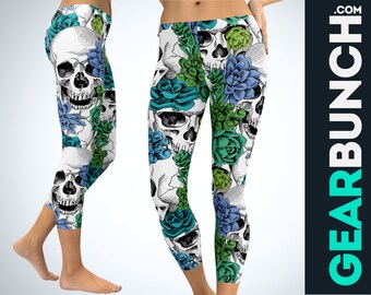 Blue Floral Skulls Capris, Super Soft Printed Capri Leggings for Women