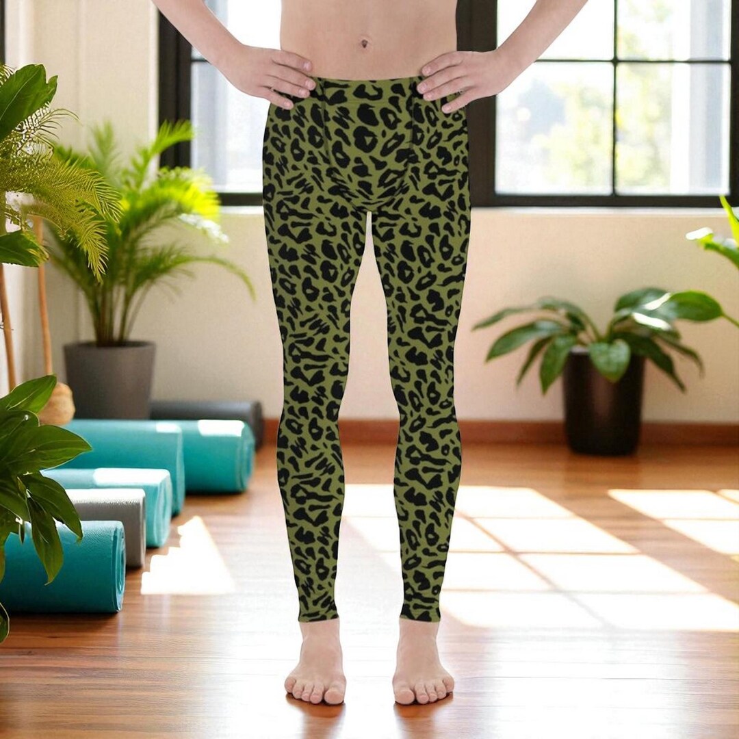 日曜まで値引き中　AUMNIE ヒョウ柄 ヨガパンツ ヒョウ柄ワークアウトレギンス メンズ、オリーブグリーン ストレッチ