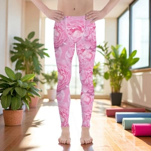 Pink Peony Print Leggings for Men, Floral Workout Pants, Sporty Rave Pants, Men&#39;s Gym Clothes, Festival Clothing, Yoga Gifts, Gift for Him