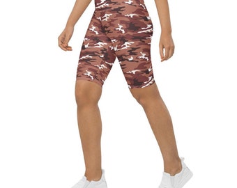 High Waisted Bike Shorts Women Brown Camo - Workout Activewear Leggings for Gym, Yoga