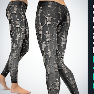 Halloween Goth Leggings, Tiny Skeletons Creeping Up Activewear Gymwear Premium Leggings For Women, Yoga Pants Tights for Women, Gift for Her