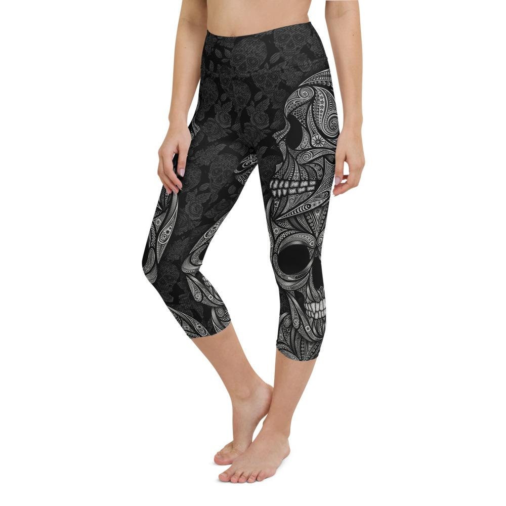Women's High Waisted Skull Print Leggings – Purple Sugar Skull, Plus Size