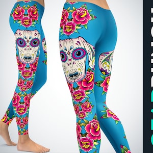 Dachshund Sugar Skull Leggings for Women, Printed Floral Leggings, Tie Dye Plus Size Leggings, High Waist Leggings, Gift for Dachshund Mom
