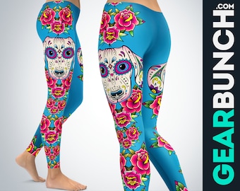 Dachshund Leggings High Waist - Sugar Skull Floral Yoga Pants for Women Activewear