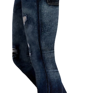 May include: Capri-length leggings featuring a realistic digital print of dark blue denim jeans. The design includes a faux waistband, back pockets, and distressed areas with frayed details on the thigh and knee, ending below the calf.