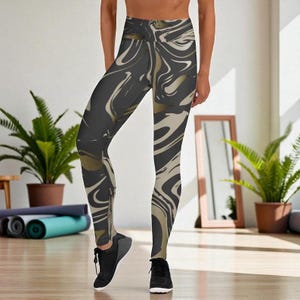 Black and Gold Marble Print Leggings, Seamless Pattern Yoga Pants, High Waist Womens Leggings, Printed Gym Clothes, Festival Clothing