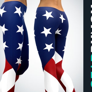 American Flag Leggings, 4th Of July Party Outfit, Proud American Girl, US Patriotic Stars and Stripes Clothing, Exercise Plus Size Leggings