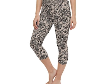 Leggings da yoga da donna: Capri neri a vita alta con inserti in finta pizzo per allenamento - Comfort e attività fisica