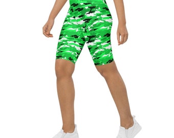 Patterned Workout Leggings - Lime Camo High Waisted Bike Shorts for Women's Activewear