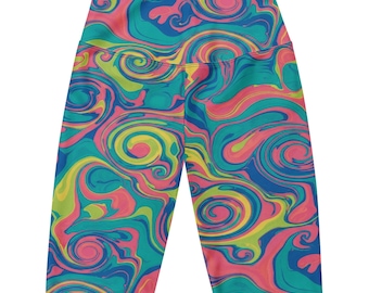 Tropical Paradise Bike Shorts for Women, Liquid Marble Print Workout Activewear Leggings