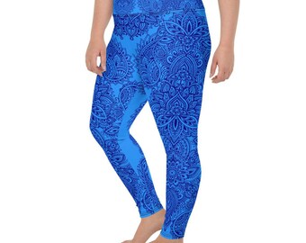 Plus Size Leggings Blau Henna Gemusterte Workout-Strumpfhose für Frauen Activewear