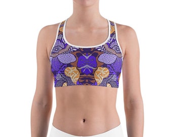 Yoga Sports Bra Purple Batik Floral Crop Top for Women Workout Running