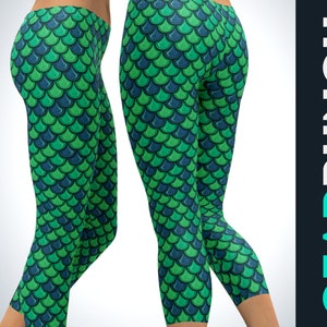 Capris sereia verde, calças capri de ioga, leggings estampadas capri para exercícios para mulheres, feitas nos EUA, capris plus size de cintura alta, presentes de sereia