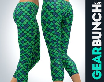 Green Mermaid Capris, Yoga Capri Pants, Exercise Capri Printed Leggings for Women, Made in USA Plus Size High Waist Capris, Mermaid Gifts