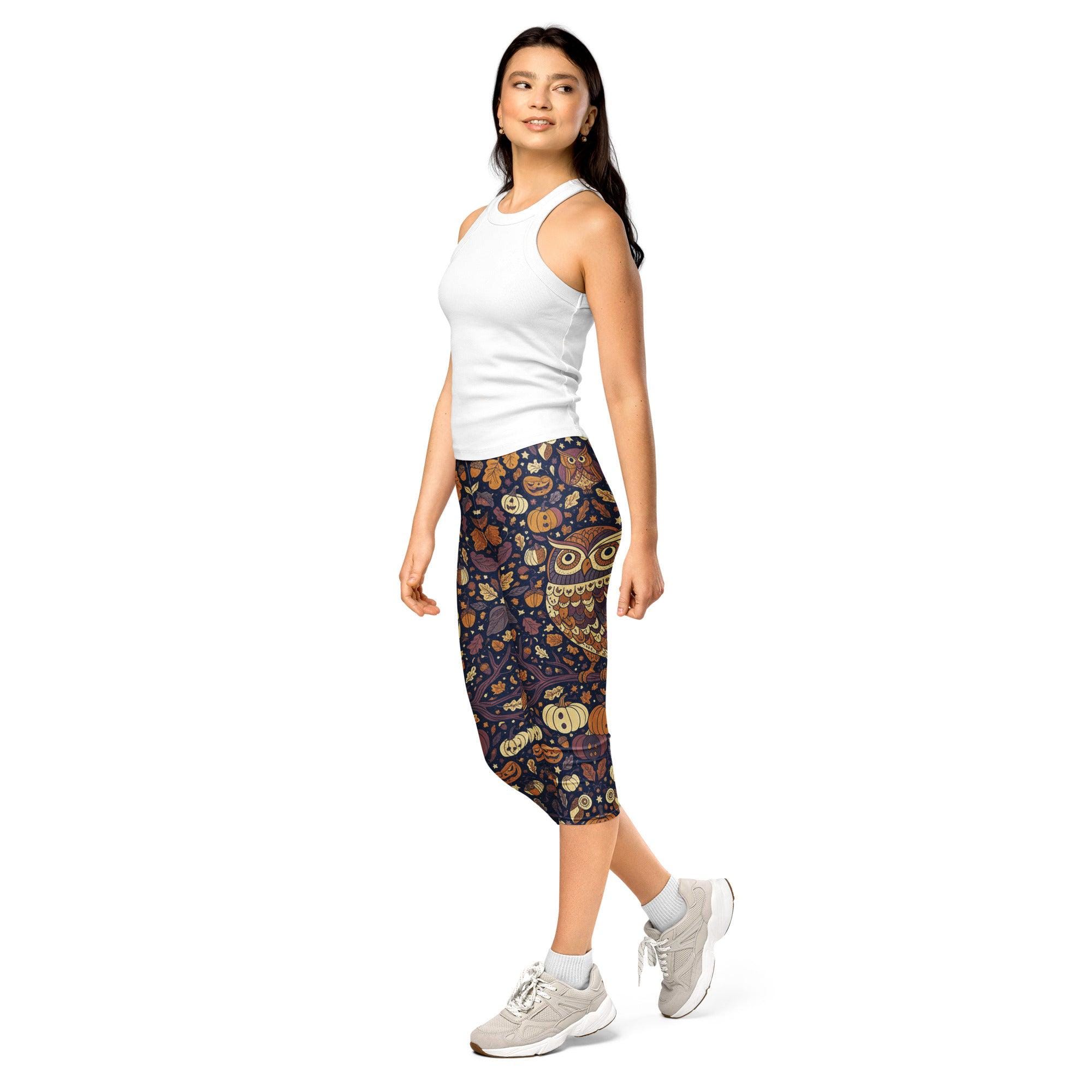 Halloween Owl Capri Leggings, Spooky All Hallows Eve Autumn Print Activewear