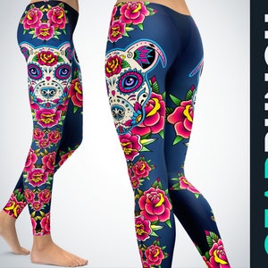 Pitbull Sugar Skull Leggings for Women, Gift for Pitbull Mom, Printed Floral Leggings, Tie Dye Butter Soft Plus Size High Waist Leggings