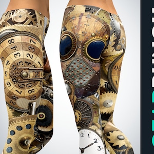 Steampunk Leggings for Women, Golden Steampunk Costume Cosplay, Exercise Leggings, Yoga Pant for Her, Gym Activewear Plus Size Girls Legging