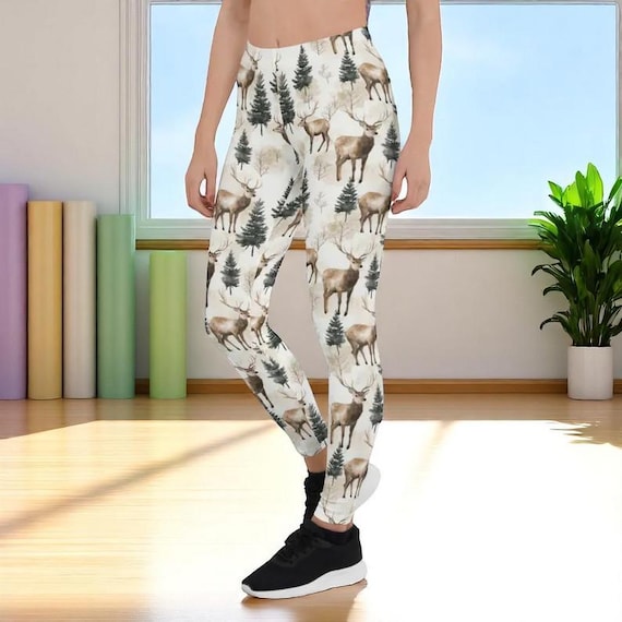 Forest and Deer Print Leggings for Women, High Waist Yoga Pants