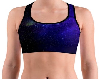 Purple Galaxy Sports Bra - Unique Yoga & Workout Top for Women | Comfortable Racerback