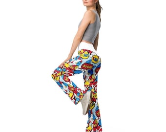 Women's Colorful Patterned Leggings, High Waisted Retro Red Comic Pop Flare Pants