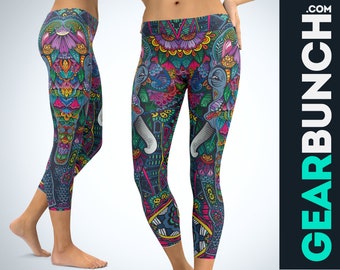 Elephant Capri Leggings, Ornamental Elephant Yoga Athletic Exercise Sports Capri Pants, Strechable Pants Made in USA Plus Size Crop Pants