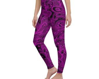 Pink Floral Yoga Pants Women - High Waisted Activewear Leggings with Pockets, Workout Clothes
