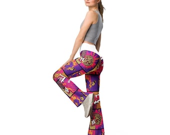 Patterned Flare Leggings for Women, Unique Comic Strip Disco Funk Style Bell Bottom Pants