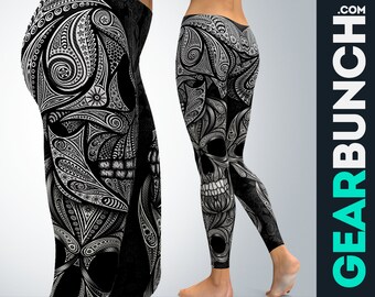 Calça Legging de Yoga com Estampa de Caveira Gótica | Cintura Alta para Mulheres