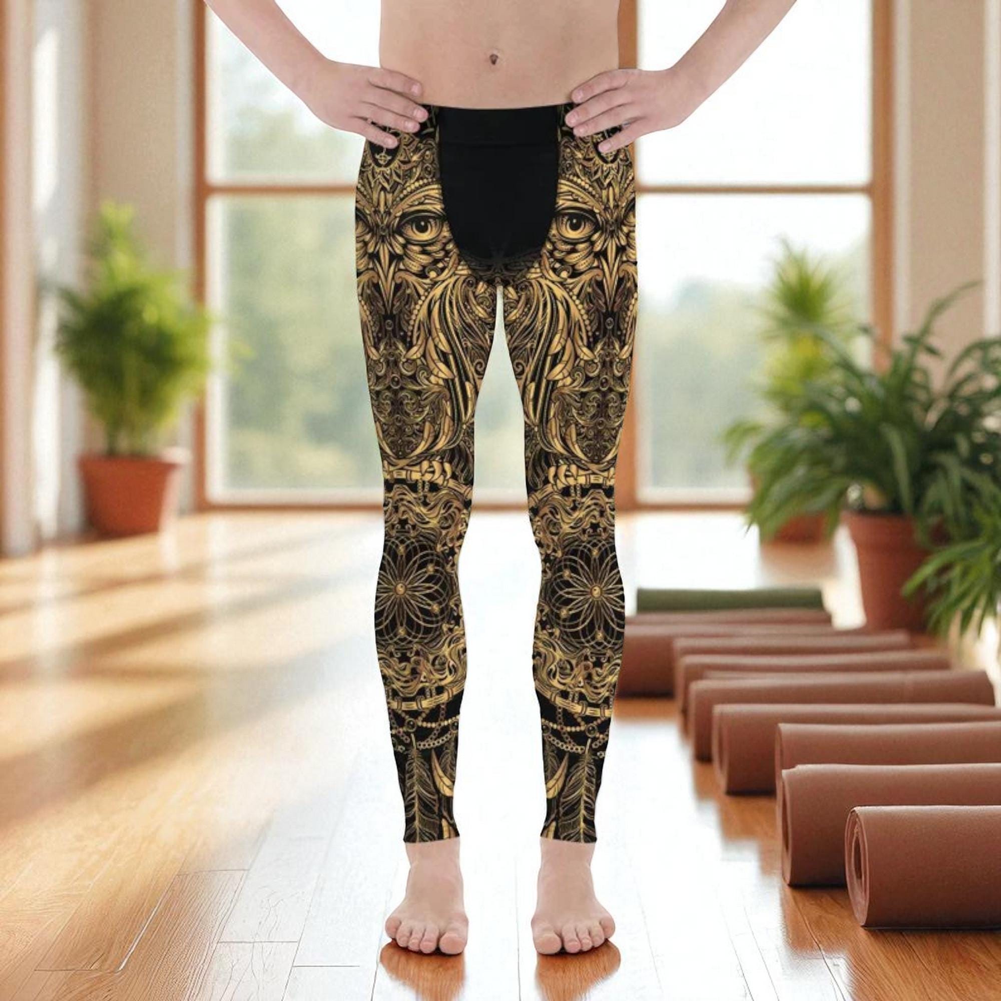 Bold Golden Owl Meggings For Men, Artistic Ornamental Printed Leggings For Festivals Or Fitness, Sty