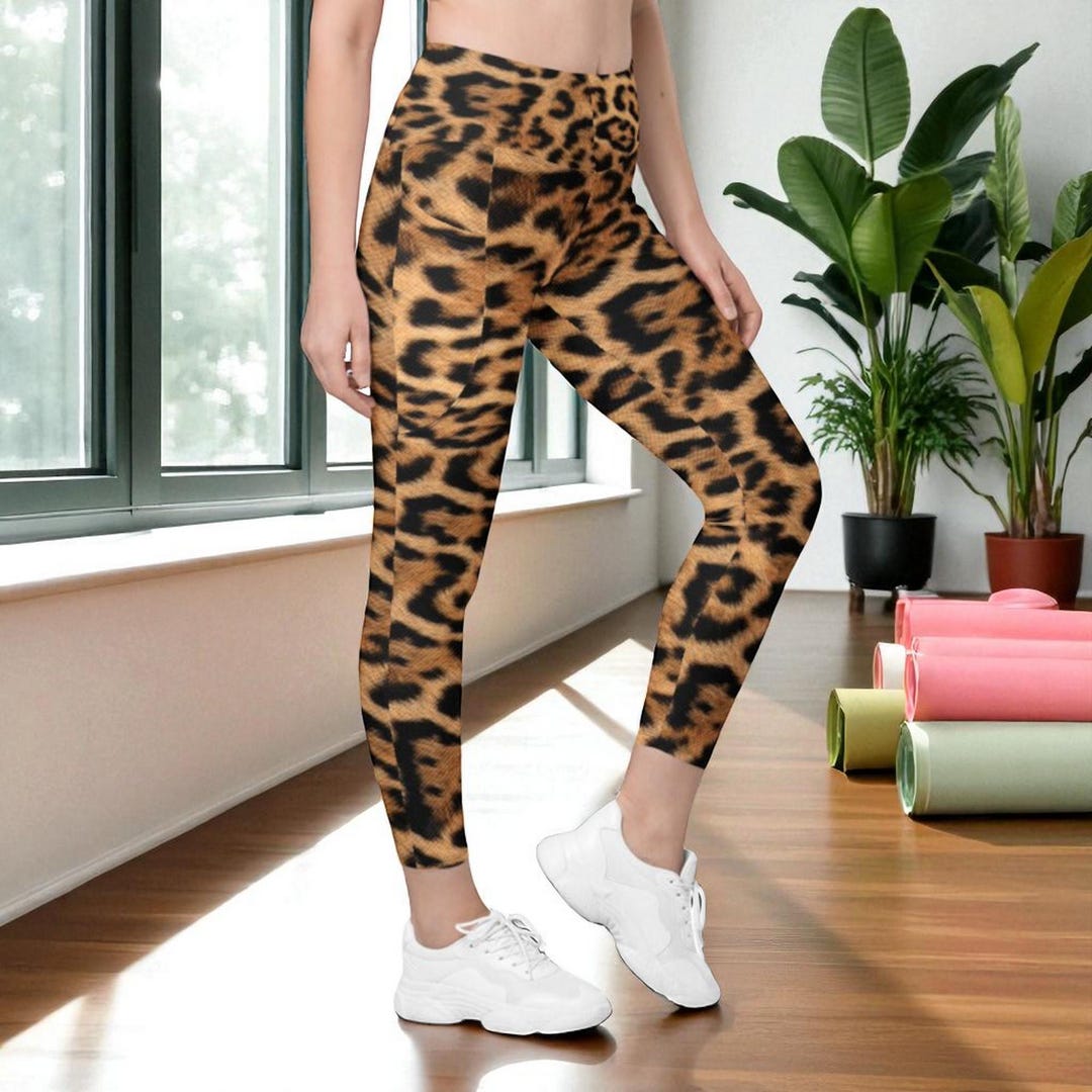 High Waisted Leopard Leggings With Pockets for Women - Workout