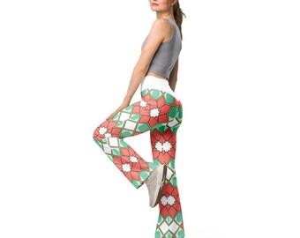 Patterned Flare Leggings for Women: Zellige Coral Mint Design for Yoga & Activewear Workouts
