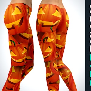May include: Leggings featuring an all-over print of orange jack-o'-lantern pumpkins with glowing yellow eyes and mouths. The design displays multiple carved pumpkin faces in various sizes across the fabric. The text GEARBUNCH.COM is visible.