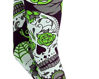 Patterned Workout Leggings: Lime Green Sugar Skull High Waisted Activewear for Women