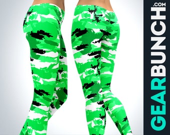 High Waisted Leggings Women Lime Green Camo Yoga Pants - Activewear Workout Leggings