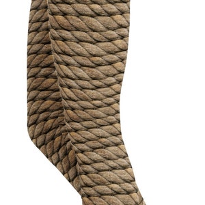 May include: Capri-length leggings featuring a realistic, all-over print of thick, tan-colored twisted rope. The pattern displays a continuous, repeating texture of braided fibers that wrap around the legs, creating a nautical-inspired visual effect.