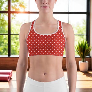 White Mini Hearts Red Sports Bra, Stylish Supportive Activewear for Women, Comfortable Workout Top, Gift For Her