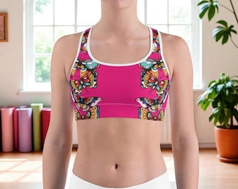 Pink Butterfly Sports Bra Crop Top - High Impact Workout Bra for Women