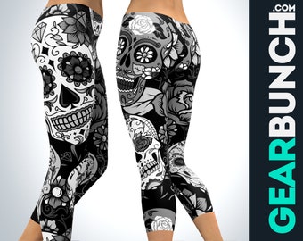 Sugar Skull Leggings - Day of the Dead Capri High Waisted Workout Leggings for Women