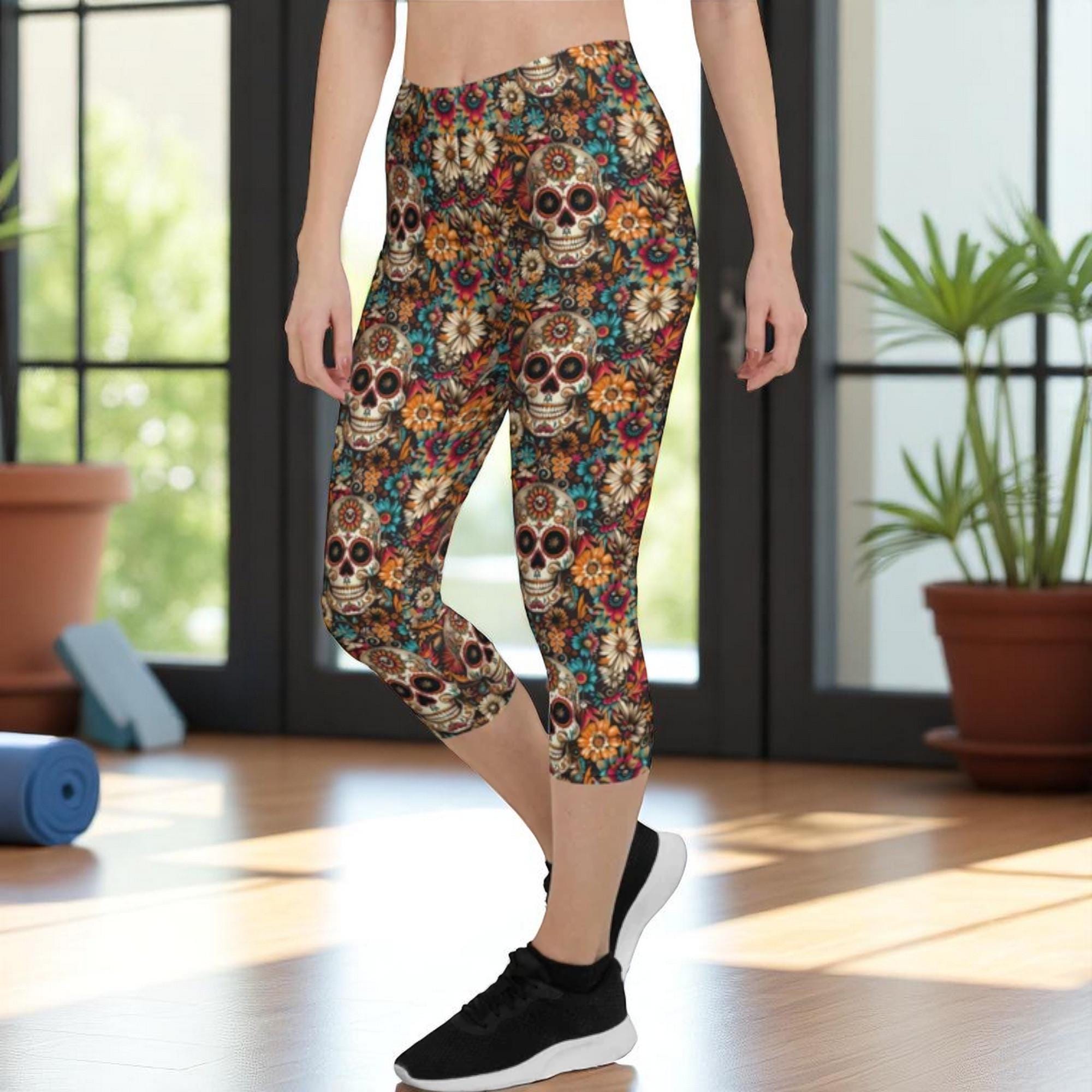 Festival Colorful Sugar Sksugar Skull Print Capri Pants for Women