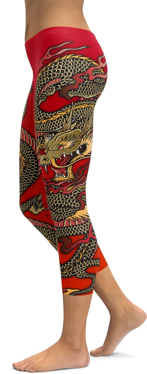 Chinese Dragon Print Capris for Women Dragon Capri Leggings With