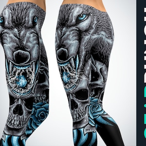 Mad Wolf Leggings for Women, Gothic Printed Skull Leggings, Gym Workout Exercise Yoga Pants Tights Leggings, Spirit Animal Wolf Gift