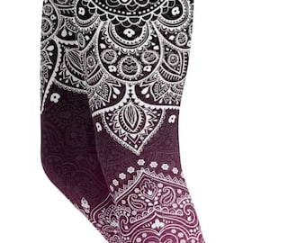 Patterned Capri Leggings - Black Pink Ombre Mandala Yoga Pants for Women